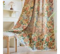 XIUWOUG 2Panels Boho Floral Linen Cotton Semi Blackout Curtains,Decorative Rod Pocket Window Panels with Tassel Fringe for Household Windows,E,52W×96inL2Ps