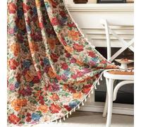 XIUWOUG 2Panels Rustic Vintage Floral Boho Window Drapes,Linen Cotton Semi Blackout Rod Pocket Curtains with Tassels for Indoor Living Spaces,P,52W×108inL2Ps