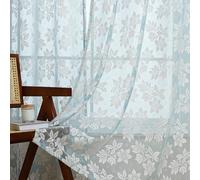 XIUWOUG Boho Lace Rod Pocket Curtain 1Panel,Light Filtering Embroidered Floral Patterned Semi Sheer Curtain Drapes for Bedroom Living Dining Room,Light Blue,B,140Wx220cmL1P