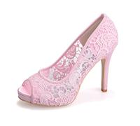 XIUWOUG Bridal Wedding Shoes Women Peep Toe Lace Slip On Dress Shoes High Heel Wedding Shoes Mother of The Bride Shoes,Pink,8.5