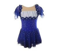 XIUWOUG Girls Figure Skating Dresses Blue Floral Rhinestone Short Fly Sleeve Professional Leotard Handmade Ice Dance Dress Roller Skirt,Blue,XS