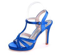 XIUWOUG Heels for Women Buckle Satin Ankle Strap Heels Round Toe Open Toe Wedding Shoe Stiletto High Heeled Sandals for Prom, Party,Royal Blue,3.5