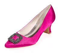 XIUWOUG Ladies Chunky Heel Court Shoes for Women Low Heel Slip On Rhinestone Pointed Toe Wedding Prom Dress Sandals,Rose red,6