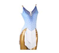 XIUWOUG Professional Latin Dance Dress Tassel Straps Women Latin Samba Competition Performance Dance Dress Modern Dance Costumes,Blue White,XL
