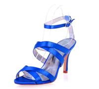XIUWOUG Women's Heels for Women Open Toe Satin Ankle Strap Buckle High Heels Block Kitten Heel Sandals Party Wedding Dress Pumps Shoes,Royal Blue,3.5