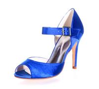 XIUWOUG Women's High Heels Kitten Heels 3.54 inch Round Toe Open Toe Stiletto Pumps Buckle Elastic Strap Backless Wedding Party Dress Sandals Shoes,Royal Blue,6.5