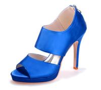 XIUWOUG Women's High Heels Round Toe Zipper Pumps Wedding Bridal Party Stilettos Sandals Peep Toe Kitten Heels Satin Heeled,Royal Blue,4