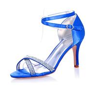 XIUWOUG Women's Kitten Heels Rhinestone Buckle Sandals - Ankle Strap Open Toe Dressy Shoes Wedding Bridal Pump Heeled Sandals for Women,Royal Blue,5.5