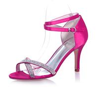 XIUWOUG Women's Kitten Heels Rhinestone Buckle Sandals - Ankle Strap Open Toe Dressy Shoes Wedding Bridal Pump Heeled Sandals for Women,Rose red,6.5