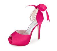 XIUWOUG Women's Slip-On Open-Toe Kitten Heel Stiletto Pumps | Pearl & Rhinestone Embellished Wedding and Evening Party Dress Shoes,Rose red,5