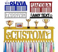 Xiuyours Gold Personalised Medal Holder with Name Hooks Custom Hanger Display for Awards Ribbons Wall Gymnastics Runners Boys Girls Kids Customised Gift Sports Display Metal Medal Rack
