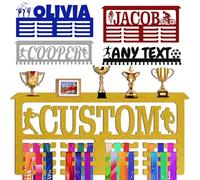 Xiuyours Gold Personalised Medal Holder with Name Shelf Custom Hanger Display for Awards Ribbons Wall Gymnastics Runners Boys Girls Kids Customised Gift Sports Display Metal Medal Rack