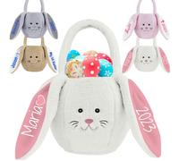 Xiuyours Personalised Bunny Easter Basket with Name Plush Custom Easter Baskets with Handle Fluffy Customised Egg Bags Gift for Kids Girls Boys Baby Toddler Teen, White