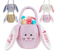 Xiuyours Personalised Bunny Easter Basket with Name Plush Custom Easter Baskets with Handle Fluffy Customised Egg Bags Gift for Kids Girls Baby Toddler Teen, Pink