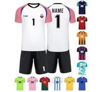 Xiuyours Personalised Football Shirt Name Number Logo Custom Football Kit Jersey Shorts Gifts for Kids Boys Men Football Party, White Pink