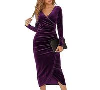 XIVISTO Women's Purple Velvet Bodycon Dress, V-Neck, Long Sleeves, Midi Length, Formal, Adult Women, Size M