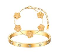 XIWCAFC 2 Pcs Bracelets for Women 18K Gold Plated Crystal Bangle Cuff Five Leaf Clover Bracelet Set Adjustabl Stackable Bracelet Lucky Friendship Jewelry Best Gifts for Birthday Anniversary (Gold)