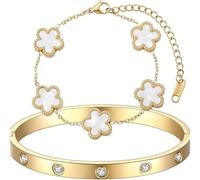 XIWCAFC 2 Pcs Bracelets for Women 18K Gold Plated Crystal Bangle Cuff Five Leaf Clover Bracelet Set Adjustabl Stackable Bracelet Lucky Friendship Jewelry Best Gifts for Birthday Anniversary (White)