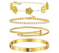 XIWCAFC 4 Pcs 18K Gold Plated Bracelets for Women Clove Bracelet Set Stackable Four Leaf Clover Gold Bracelet Bangles Set for Womens Ladies Jewellery Birthday Party Valentines Christmas (Gold)
