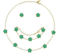 XIWCAFC Four-Leaf Clover Jewellery Set for Women 18K Rose Gold Pendant Necklace Stud Earrings Bracelet Set Lucky Double-sided Clover Jewellery Sets Gifts for Her BFF Birthday (Green)