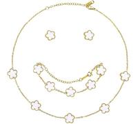 XIWCAFC Four-Leaf Clover Jewellery Set for Women 18K Rose Gold Pendant Necklace Stud Earrings Bracelet Set Lucky Double-sided Clover Jewellery Sets Gifts for Her BFF Birthday (white)