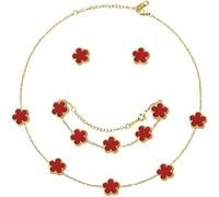 XIWCAFC Four-Leaf Clover Jewellery Set for Women 18K Rose Gold Pendant Necklace Stud Earrings Bracelet Set Lucky Double-sided Clover Jewellery Sets Gifts for Her BFF Birthday (Red)