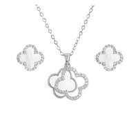 XIWCAFC Four-Leaf Clover Jewelry Set for Women 18K Gold Plated Stainless Steel White Black Four-Leaf Clover Pendant Necklace Stud Earrings Jewellery Set with Cubic Zirconia (White-2)