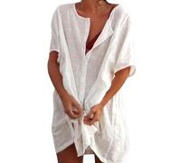 XIWCAFC Women Beach Cover Up Cotton Shirt Beach Dress Summer Beachwear with Buttons Swimsuit Bikinis Cover ups Loose Casual Sarong Blouse for Swim Bathing Suit Beige