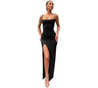 XIWCAFC Womens Dresses Spaghetti Strap Strap Backless Thigh-high Slit Long Dresses Sleeveless Sexy Square-Neck Bodycon Maxi Long Dress Club Party Dress (UK, Alpha, L, Regular, Regular, Black)