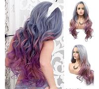 Xiweiya 13x3 Lace Wigs Silver Grey Mixed Blue Hair Ombre Rose Purple Synthetic Lace Front Wig Long Wavy Ash Purple Wig for Fashion Women Wear, Heat Resistant Fiber Halloween Cosplay Wigs