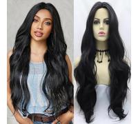 Xiweiya 1b# Black Lace Front Wig Long Black Curly Wavy Synthetic Lace Front Wig Heat Resistant Hair Natural Hairline Glueless Wig 180% Density Half Hand Tied Wig For Women Drag Queen 24inch