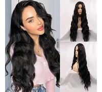 xiweiya 2# Black Wig Long Loose Wavy Natural Balck Lace Front Wig Long Curly Syntheitc Black Wig Natural Hairline Heat Resistant Fiber Hair Replacement for drag queen Women 26inch