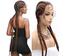 xiweiya 36”Long Blonde Brown Braided Wig 100% Hand Braided Brown Twisted Braids 360 Swiss Lace Front Wig Light Brown Double Dutch Braided Wigs with Baby Hairs for Women
