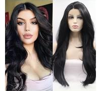 Xiweiya Black Wig Long Natural Wavy #1b Black Synthetic 13x3 Lace Front Wigs For Women Natural Black Hair Glueless Black Wig Heat Resistant Fiber Half Hand Tied 24Inch for Women, Drag queen Wear