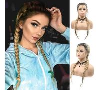 xiweiya blonde with brown root Double Braids Synthetic Lace Front Wig add Human Weaving Part with Baby Hair Wig Heat Resistant Fiber Middle Part 24 inch
