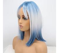 Xiweiya Blue Grey Synthetic Bob Wigs - Short Mixed Blue to Silver Air Bangs Heat Resistant Fiber Half Hand Tied Wig For Women 14in
