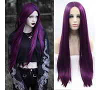 Xiweiya Dark Purple Long Silky Straight Hair Wigs Synthetic 13 * 3 Lace Front Wigs Middle Part Heat Resistant Hair Natural Hairline Cosplay Wigs
