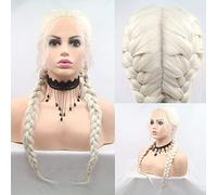 xiweiya Double Blonde White Braided Wig 2 Twist Braids Wig, 100% Hand Crochet Platinum Blonde Synthetic Lace Front Wig with Baby Hair Heat Resistant Fiber Glueless Wig (Back add hand weaving)
