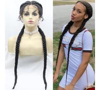 xiweiya Long 1B# Black Braided Wig Double Dutch Black Braids 100% Hand Made Twist Braided Wig 360 Swiss Lace Front Braiding with Baby Hairs Black French Braid Cornrow Braids Wigs for Women 36 inch