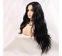Xiweiya Long Black Wavy Synthetic Lace Front Wig - Middle Part Soft Hair Replacement for Women, Drag Queen Makeup 24 inch