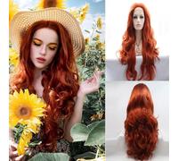 xiweiya Long Copper Red Halloween Wig Heat Resistant Wave Curly Brown Red Synthetic Lace Front Wigs Free Part Fashion Glueless Wigs Natural Hair Wig for Women 24 Inch