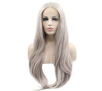 Xiweiya Long Grey Lace Front Wig Long Silver Blonde Synthetic Lace Front Wig 13x4 Lace Glueless Wig Heat Resistant Fiber Half Hand Tied Wig 180% Density Hair-replacement 26 inch for Women