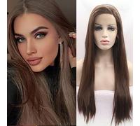 Xiweiya Long Silk Straight 6# Dark Brown Lace Front Wig Half Hand Tied 13x3 Lace Side Part Glueless Natural Brown Wigs for Women Hair Heat Resistant Fiber Hair Cosplay Wigs 24inches