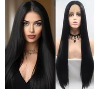 Xiweiya Long Straight Black Hair Wig 13x3 Lace Hand Tied Natural Black Straight Heat Resistant Fiber Wig for Women, Girl Drag Queen Long Black Hair Wigs Hairstyle Wig 24"