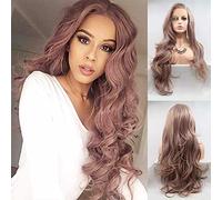 Xiweiya Long Wavy Wig - Light Pink Synthetic Lace Front Wig, Heat Resistant, 24"