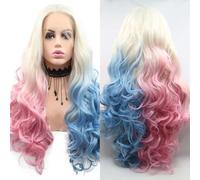 xiweiya Long White Blonde to Half Blue Pink Wigs Body Wave Mixed Piano color Glueless 13X3 Lace Wig Natural Hairline Synthetic Multi-color Lace Front Wigs Heat Resistant Fiber Hair for Women 24inch