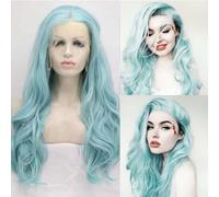 xiweiya Mint Green Synthetic Light Blue Lace Front Wigs Long Body Wave Hair Sky Blue Lace Wigs Heat Resistant Fiber Wig High Density Hair-reparement Wig for women
