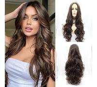 xiweiya Mixed Brown Non-lace Front Wig Long Body Wave Mixed Brunette Synthetic Wig Middle Part Heat Resistant Fiber Hair Natural Hairline 24 inches for Women