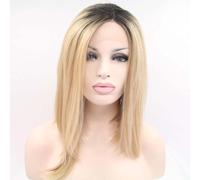 Xiweiya Mixed Ombre Blonde Wig - Short Straight Bob Wig, Synthetic Lace Front, Heat Resistant Fiber, Dark Roots, Middle Parting, 14"