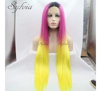 Xiweiya Multi-colored Wigs Ombre Hot Pink Ombre Yellow Lace Wig Long Silky Soft Straight Wig Synthetic Lace Front Wig Heat Resistant for Women Drag Queen Halloween Cosplay